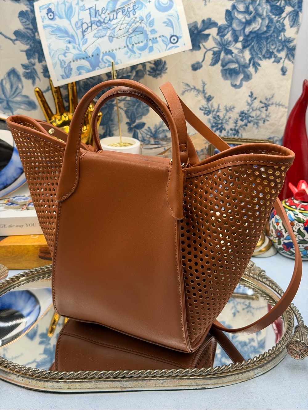 🆕 TOUS 🧿 NWOT Small TOUS Tulip Cutout Mesh Bag, with Top Handle - Camel Brown - Picture 6 of 13